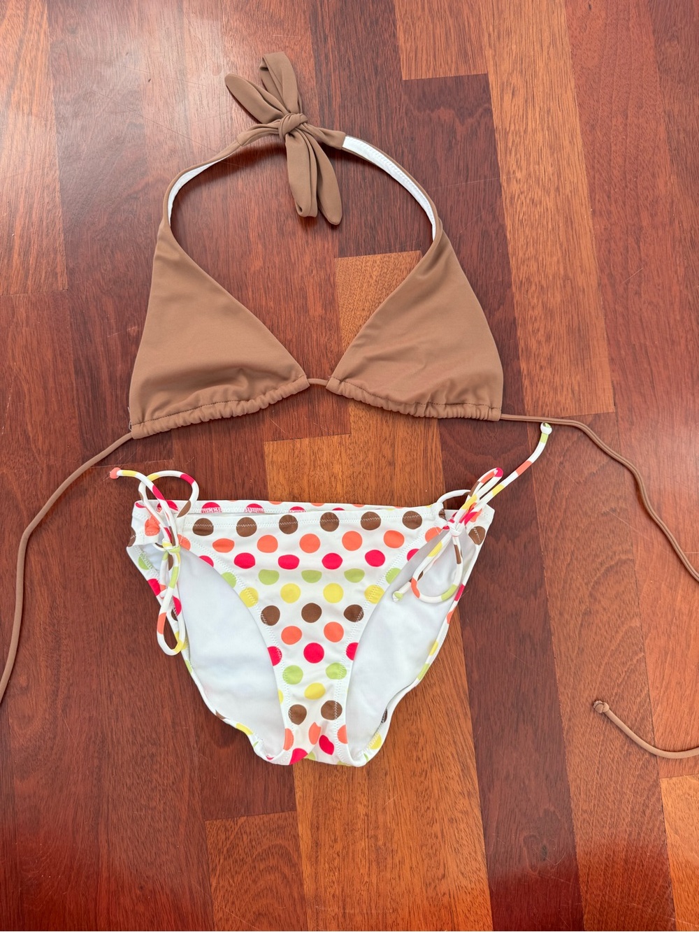 Victoria's Secret Brown Triangle Top with Polka Dot Tie-Side Bottom